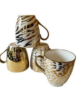 Godinger Mugs Animal Print Set of Four New With Tags Gold White
